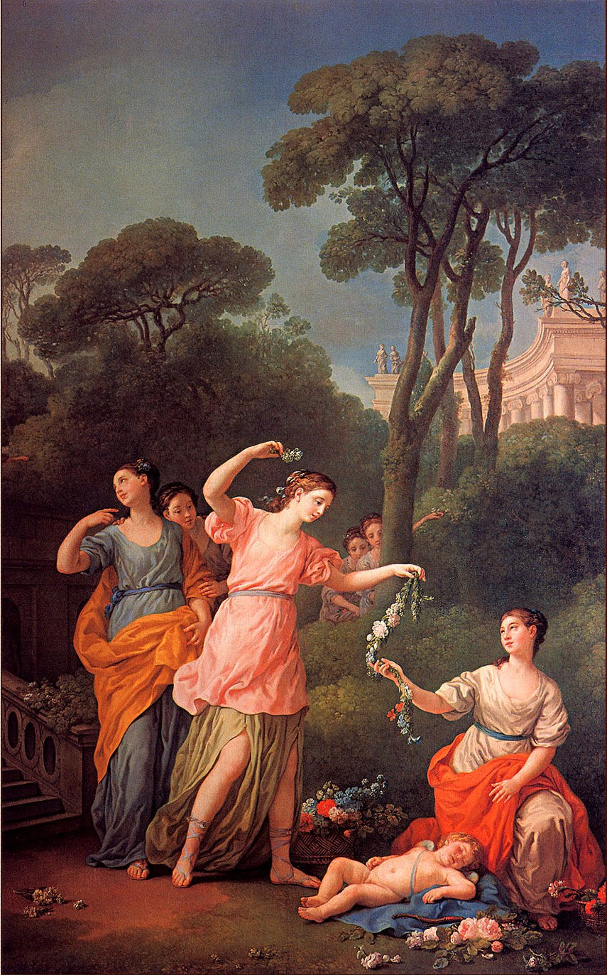 Greek Maidens Adorning a Sleeping Cupid with Flowers, vintage artwork by Joseph Marie Vien, 12x8" (A4) Poster