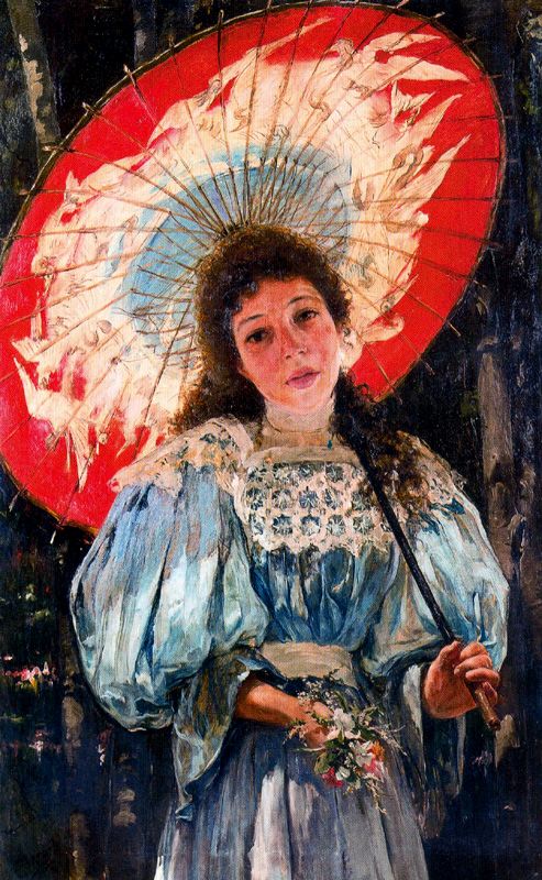 Mujer con sombrilla, vintage artwork by Jose Mongrell Torrent, 12x8" (A4) Poster