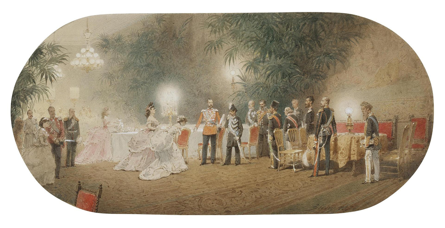 The Introduction of Grand Duchess Maria Alexandrovna to Shah Nasir al-Din in the Winter Palace, vintage artwork by Mihály Zichy, 12x8" (A4) Poster