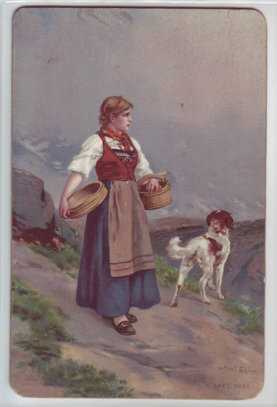 Girl and Dog in the Mountains, vintage artwork by Axel Hjalmar Ender, 12x8" (A4) Poster
