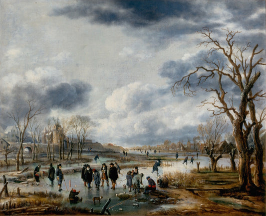 Skaters Outside the City Wall, vintage artwork by Aert van der Neer, 12x8" (A4) Poster