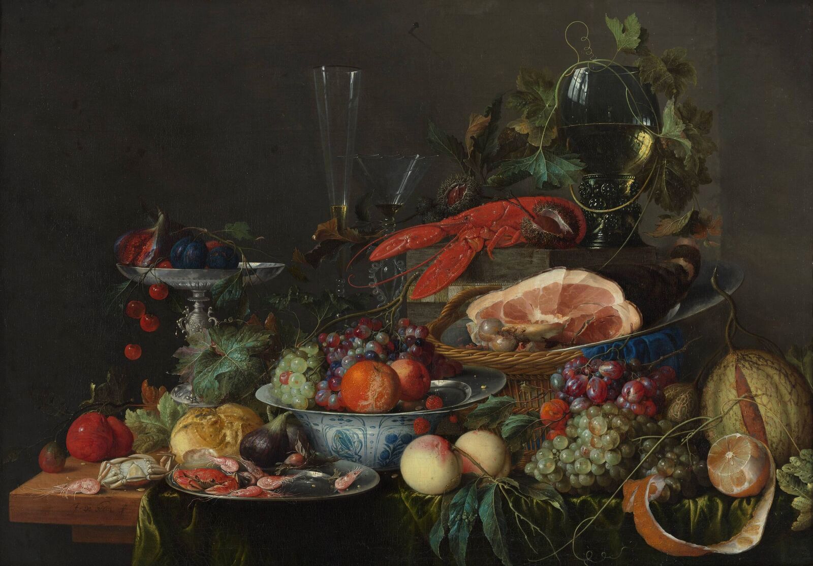 Still Life with Ham, Lobster and Fruit, vintage artwork by Jan Davidsz. de Heem, 12x8" (A4) Poster