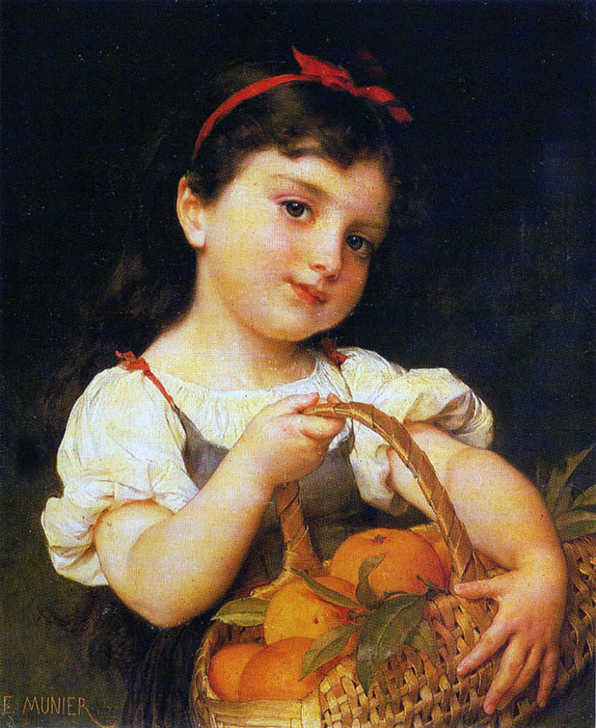 Young Girl with a Basket of Oranges, vintage artwork by Émile Munier, 12x8" (A4) Poster