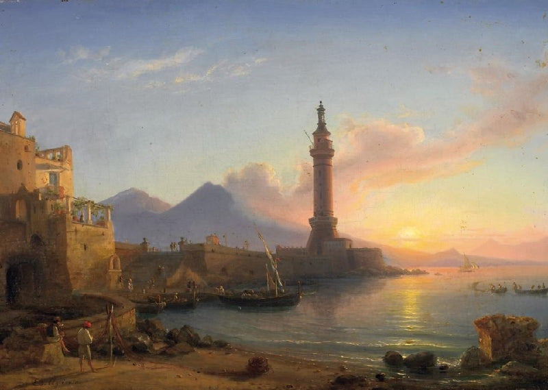 A Bay in Southern Italy with Lighthouse, vintage artwork by Fritz Rudolf Eduard Agricola, A3 (16x12") Poster Print