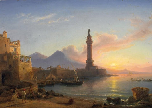 A Bay in Southern Italy with Lighthouse, vintage artwork by Fritz Rudolf Eduard Agricola, A3 (16x12") Poster Print