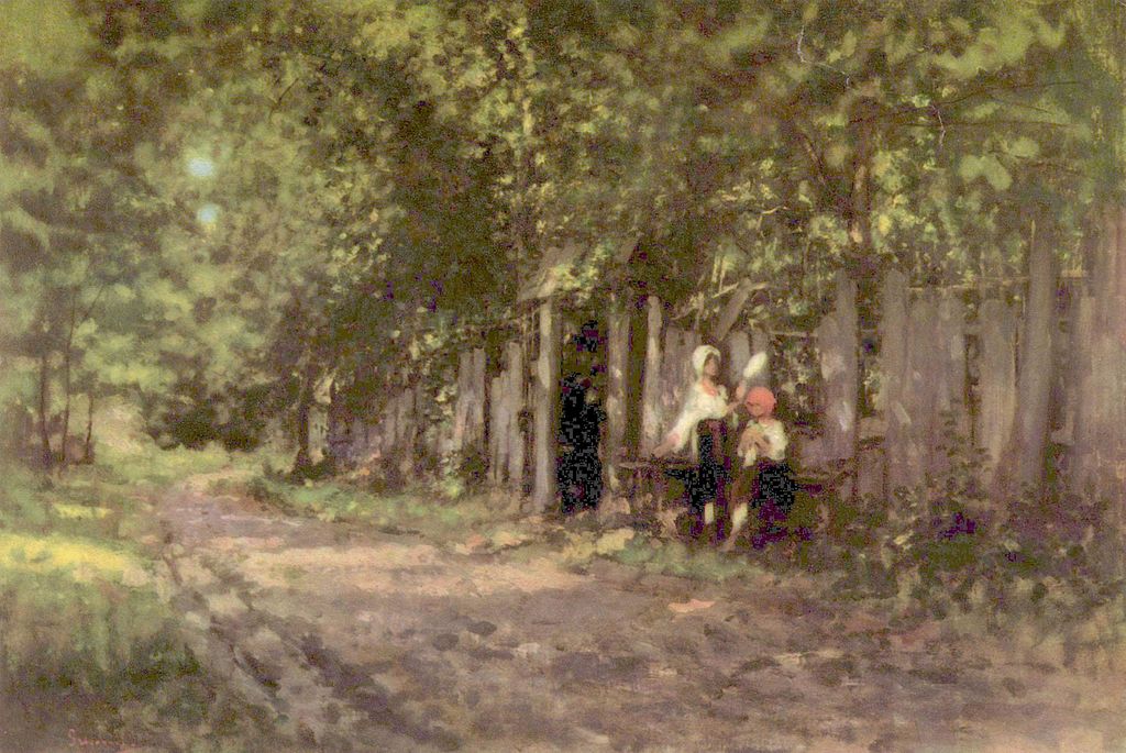 Girls in Front of the Gate, vintage artwork by Nicolae Grigorescu, 12x8" (A4) Poster