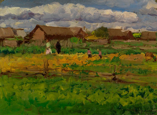 Landscape with Field and Houses, vintage artwork by Leonard Turzhansky, 12x8" (A4) Poster