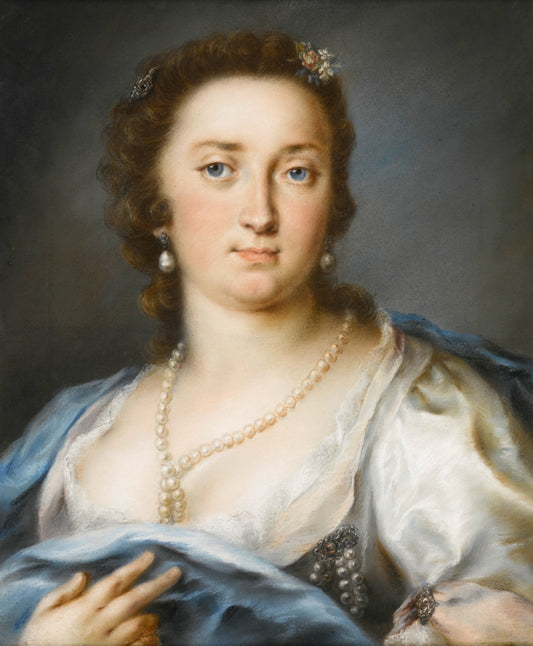 Portrait of a Lady in a Silver Dress with a Blue Shawl, vintage artwork by Rosalba Carriera, 12x8" (A4) Poster