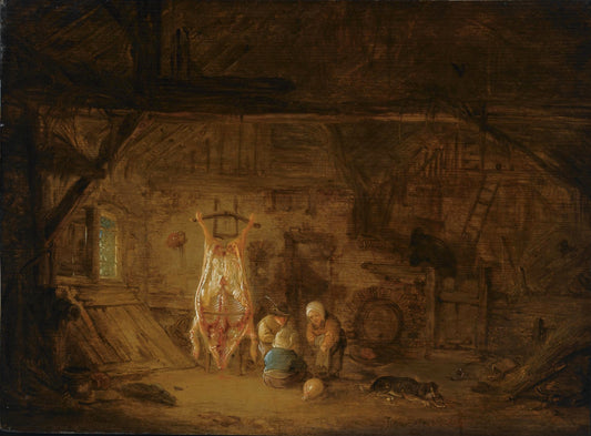 A Barn Interior with Three Children Playing with a Pig's Bladder, vintage artwork by Isaac van Ostade, 12x8" (A4) Poster