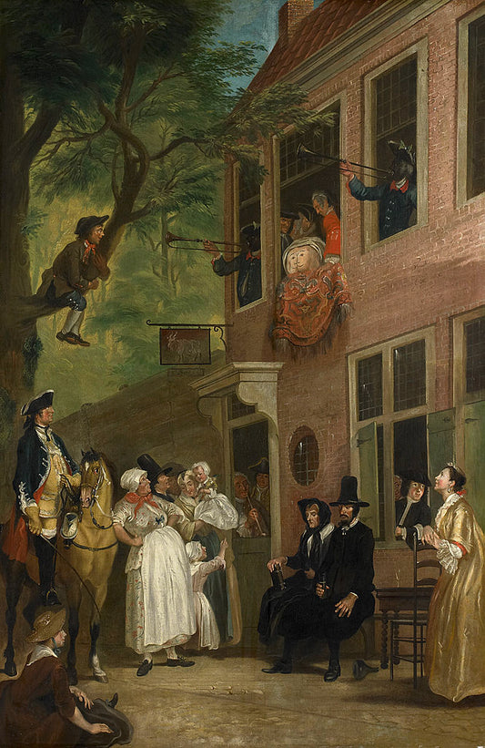 Misled: The Ambassador of the Rascals Exposes himself from the Window of 't Bokki Tavern in the Haar, vintage artwork by Cornelis Troost, 12x8" (A4) Poster
