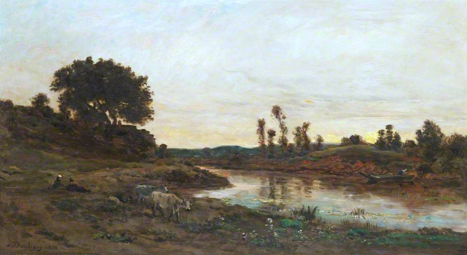 Cattle and Figures by  a River at Dusk, vintage artwork by Charles-François Daubigny, A3 (16x12") Poster Print