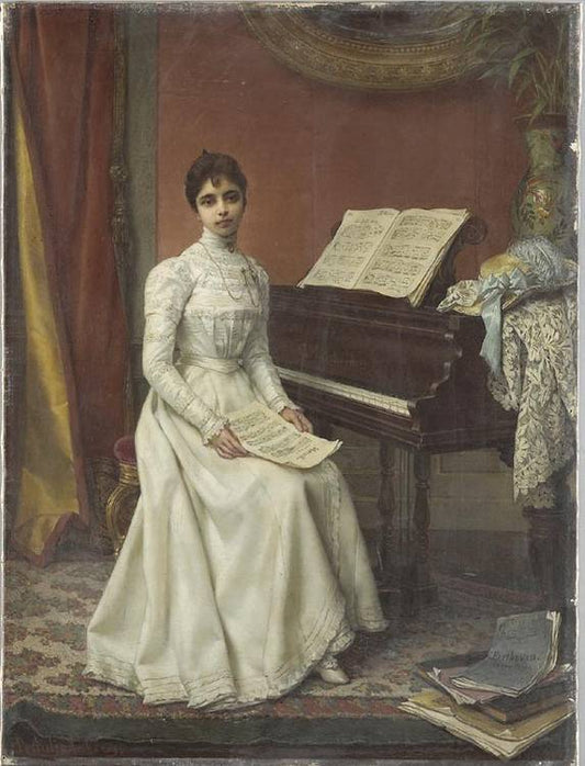 Interior scene of a young lady wearing a white dress seated at a piano forte, vintage artwork by Jan Frederik Pieter Portielje, 12x8" (A4) Poster