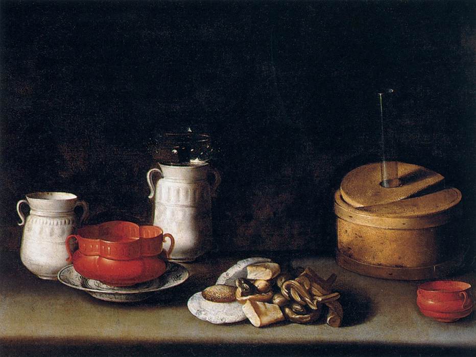 Still Life with Crockery and Cakes, vintage artwork by Juan van der Hamen, 12x8" (A4) Poster