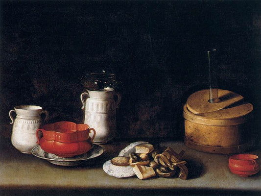 Still Life with Crockery and Cakes, vintage artwork by Juan van der Hamen, 12x8" (A4) Poster