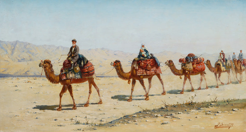Camel Caravan with Travelling Family, vintage artwork by Richard Karlovich Zommer, 12x8" (A4) Poster