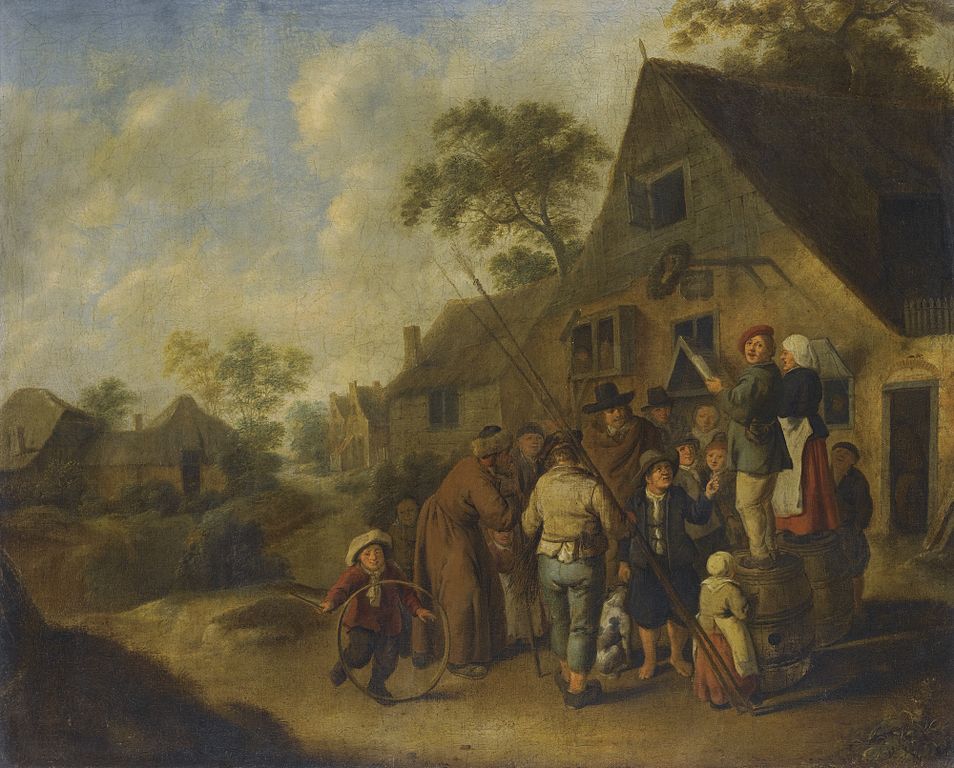 Figures Proclaiming the News on Barrels Outside an Inn, vintage artwork by Jan Miense Molenaer, 12x8" (A4) Poster