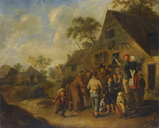 Figures Proclaiming the News on Barrels Outside an Inn, vintage artwork by Jan Miense Molenaer, 12x8" (A4) Poster