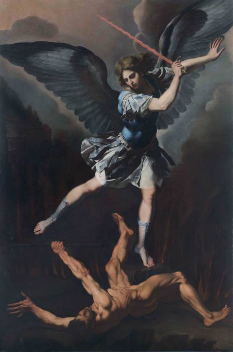 San Michele Arcangelo in lotta col demonio, vintage artwork by Francesco Cozza, 12x8" (A4) Poster