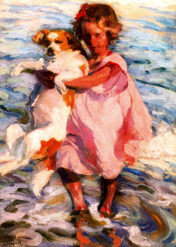 Niña con perro, vintage artwork by Jose Mongrell Torrent, 12x8" (A4) Poster