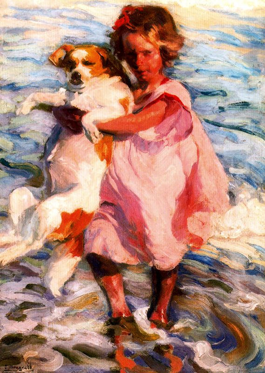 Niña con perro, vintage artwork by Jose Mongrell Torrent, 12x8" (A4) Poster