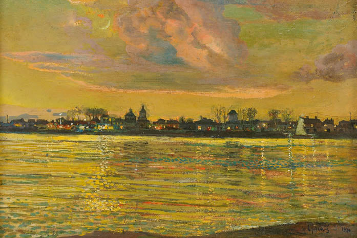 View of a Town across a River at Night, vintage artwork by Isaak Brodsky, 12x8" (A4) Poster