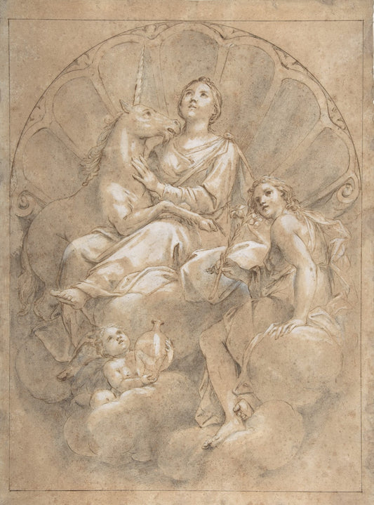 Allegorical Figure of Purity with a Unicorn, vintage artwork by Marcantonio Franceschini, 12x8" (A4) Poster