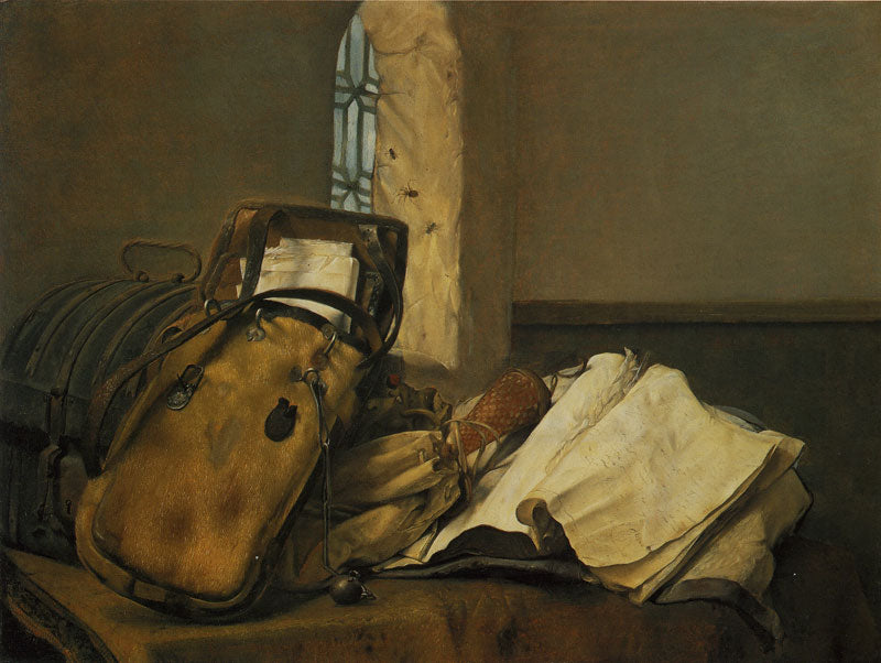 Travel Pouch and Documents on a Table, vintage artwork by Paulus Bor, 12x8" (A4) Poster