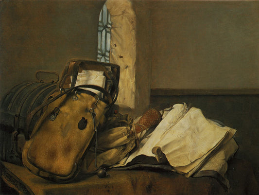 Travel Pouch and Documents on a Table, vintage artwork by Paulus Bor, 12x8" (A4) Poster