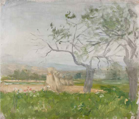 Landscape with Grainstacks, vintage artwork by Leopold Blauensteiner, 12x8" (A4) Poster