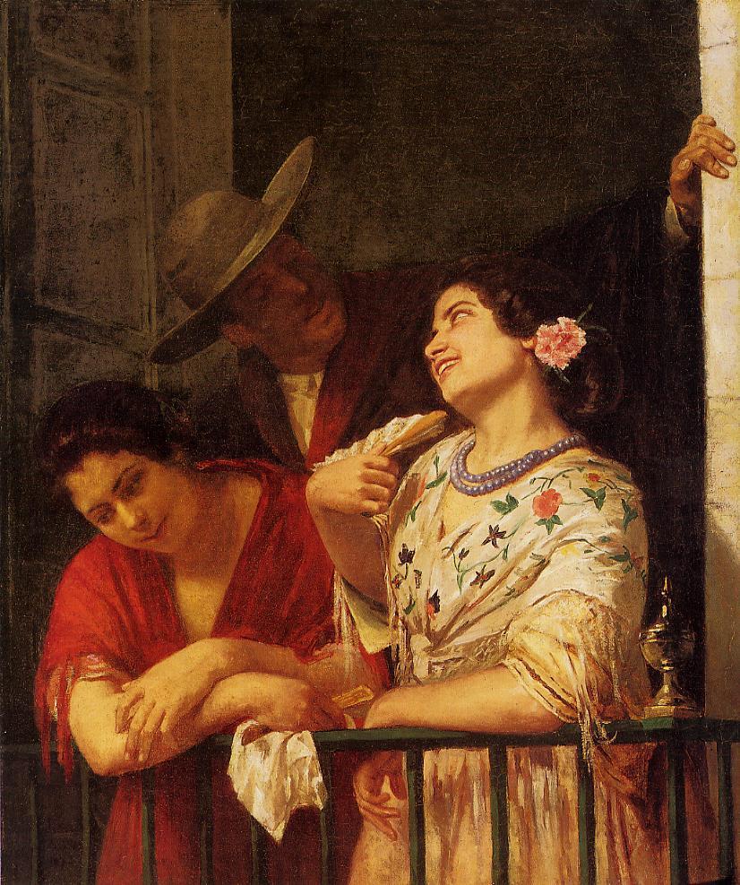The Flirtation - A Balcony in Seville, vintage artwork by Mary Cassatt, 12x8" (A4) Poster