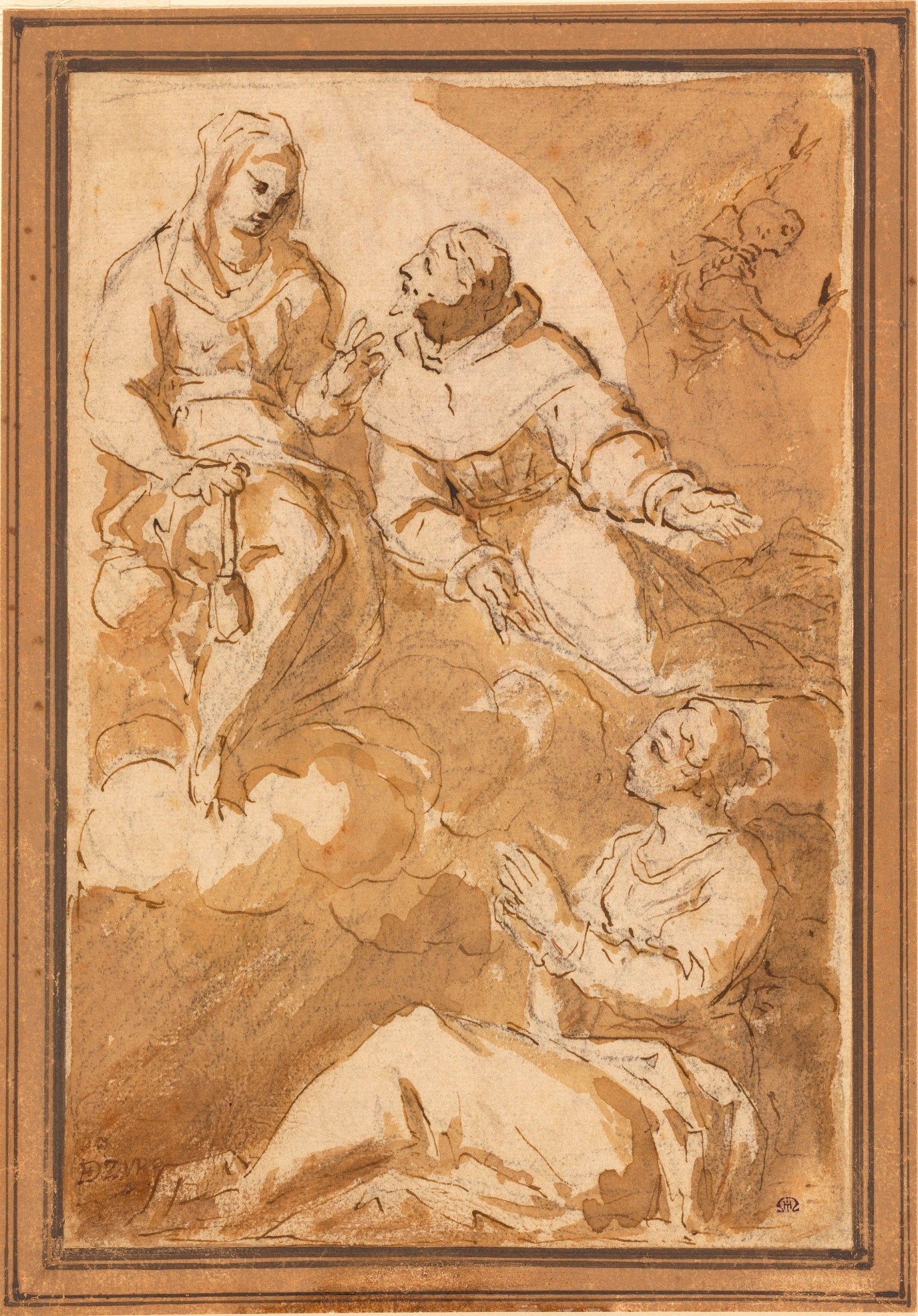 Saint Francis Interceding with the Virgin on Behalf of a Female Saint, vintage artwork by Juan Martín Cabezalero, 12x8" (A4) Poster