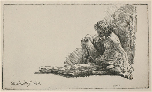 An Academical Figure Seated on the Ground, vintage artwork by Rembrandt van Rijn, 12x8" (A4) Poster