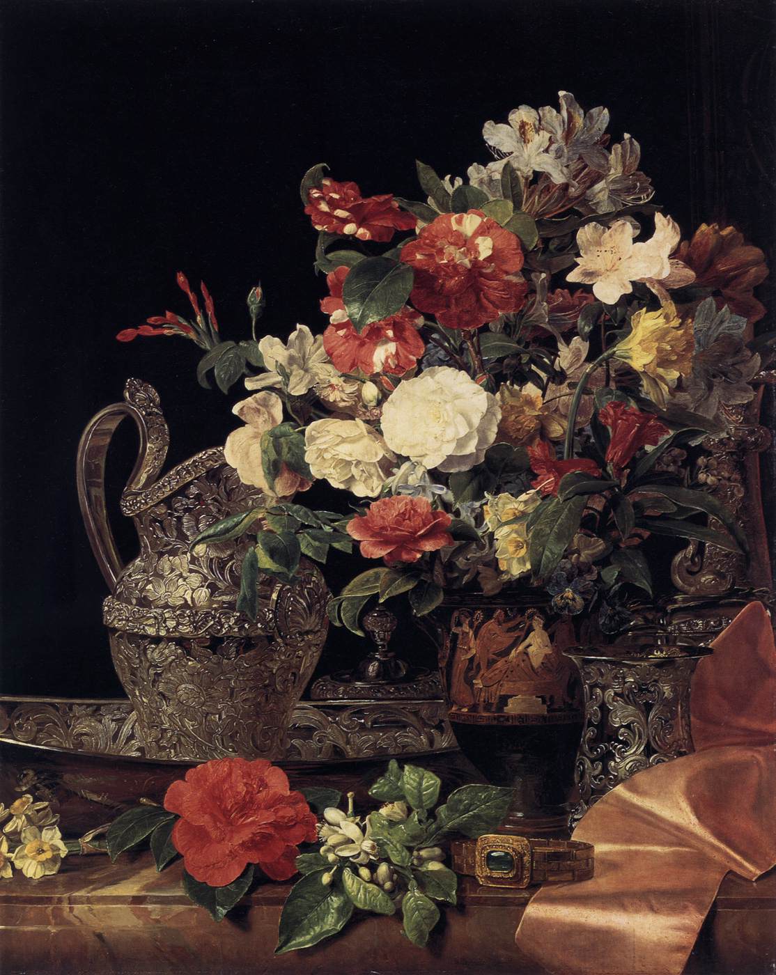 Bouquet with Silver Vessels and Antique Vase, vintage artwork by Ferdinand Georg Waldmüller, A3 (16x12") Poster Print