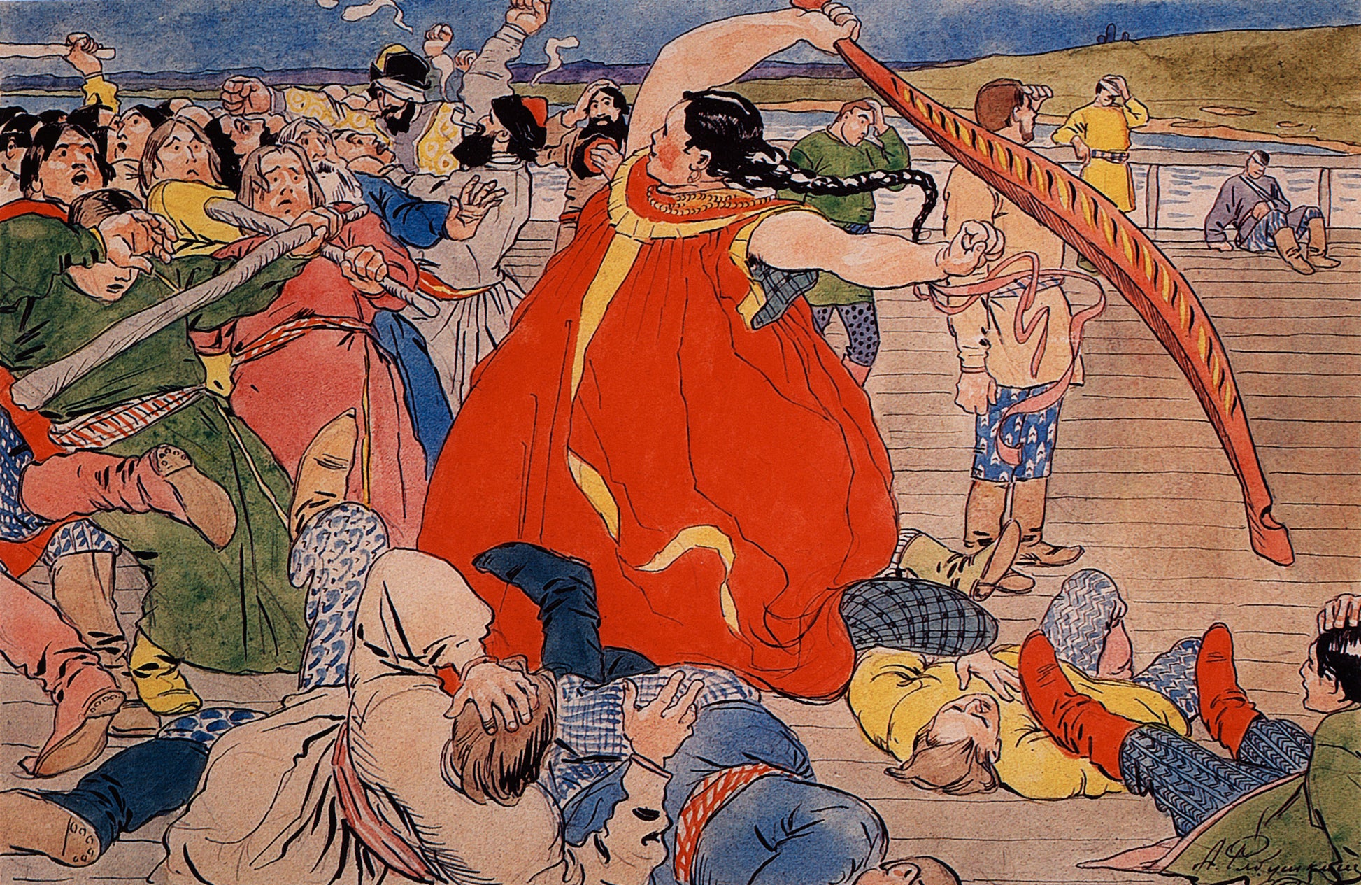 Girl Beating Novgorod Men by Andrei Petrovich Riabushkin,A3(16x12")Poster
