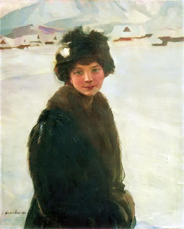 n the background of a winter landscape by Theodor Axentowicz,A3(16x12")Poster