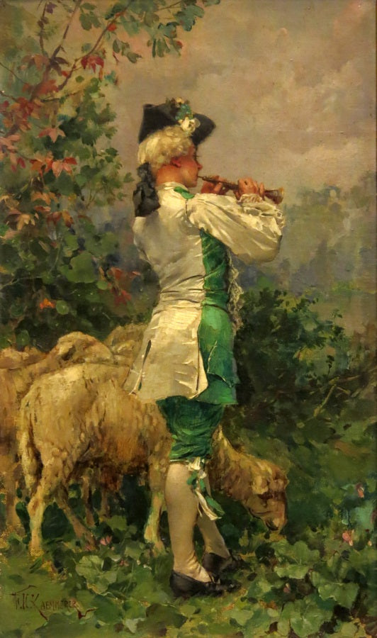 Flute Player with Sheep, vintage artwork by Frederik Henrdik Kaemmerer, 12x8" (A4) Poster