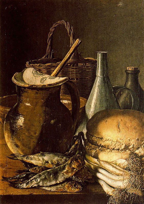 Still-life with Fish, Onions and Bread, vintage artwork by Luis Melendez, 12x8" (A4) Poster