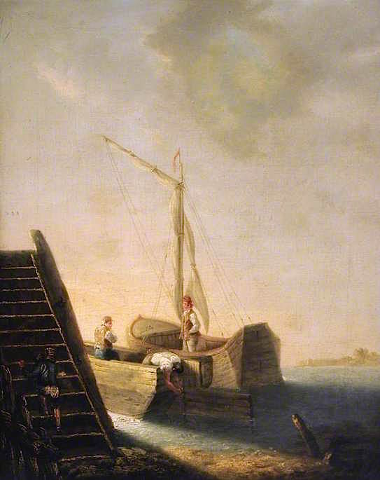 Barges by  a Jetty, vintage artwork by John Berney Crome, A3 (16x12") Poster Print