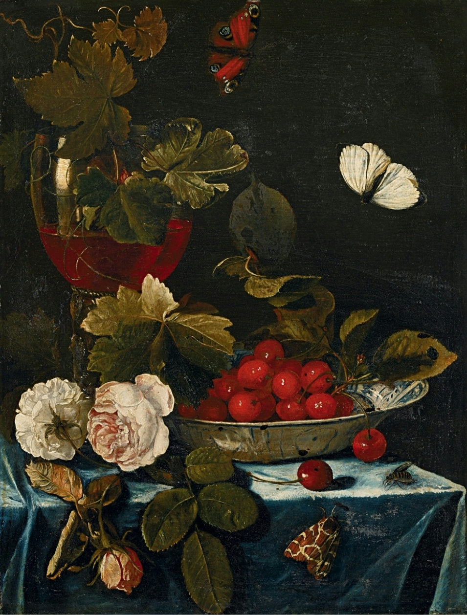 Still life with roses, glass and Chinese bowl with cherries, vintage artwork by Harmen Loeding, 12x8" (A4) Poster