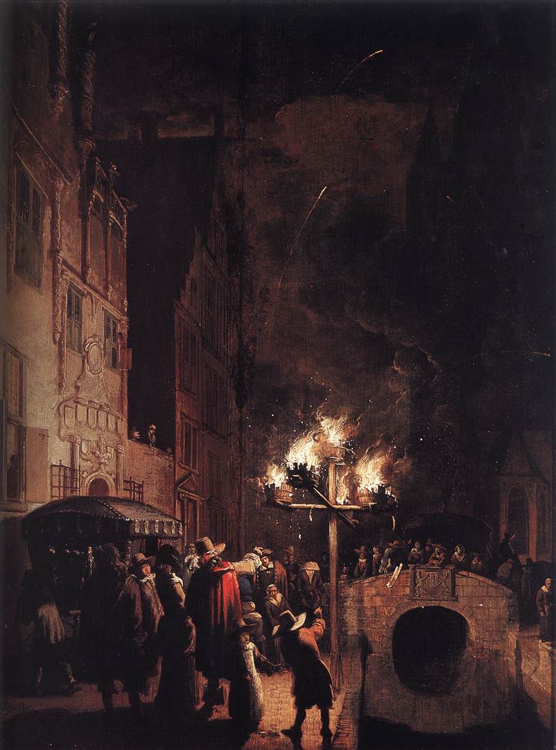 Celebration by  Torchlight on the Oude Delft, vintage artwork by Egbert van der Poel, 12x8" (A4) Poster