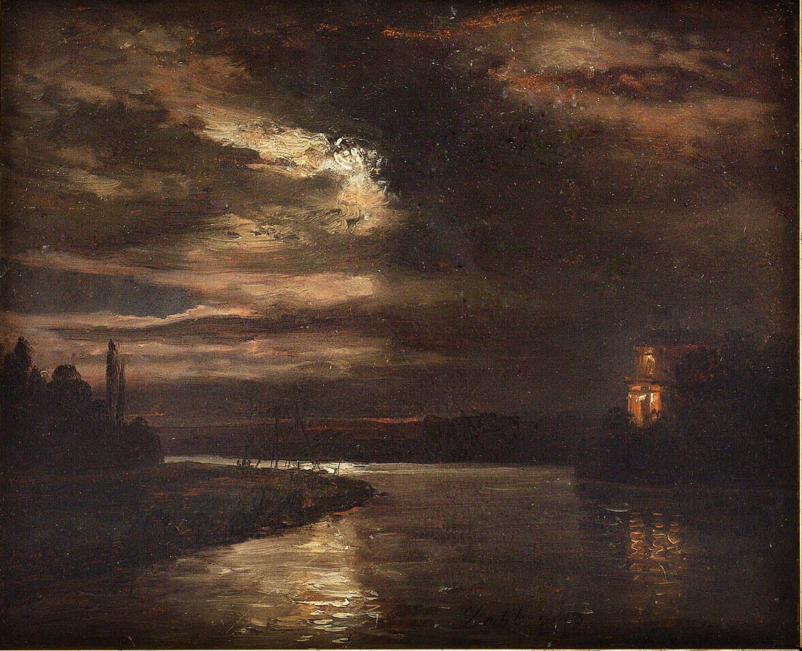 Moonlight over Elbe, vintage artwork by Hans Dahl, 12x8" (A4) Poster