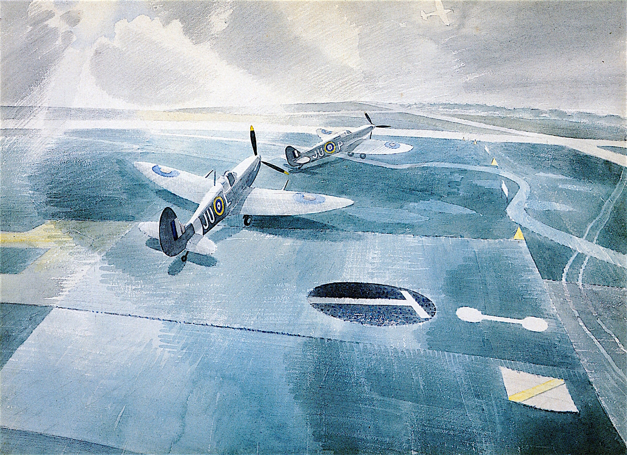 Spitfires on a Camouflaged Runway, vintage artwork by Eric Ravilious, 12x8" (A4) Poster