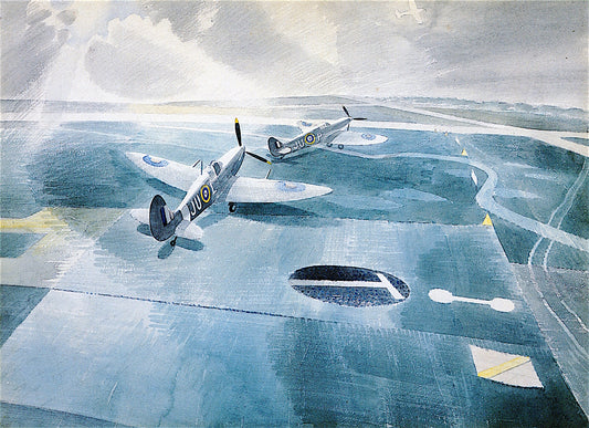 Spitfires on a Camouflaged Runway, vintage artwork by Eric Ravilious, 12x8" (A4) Poster