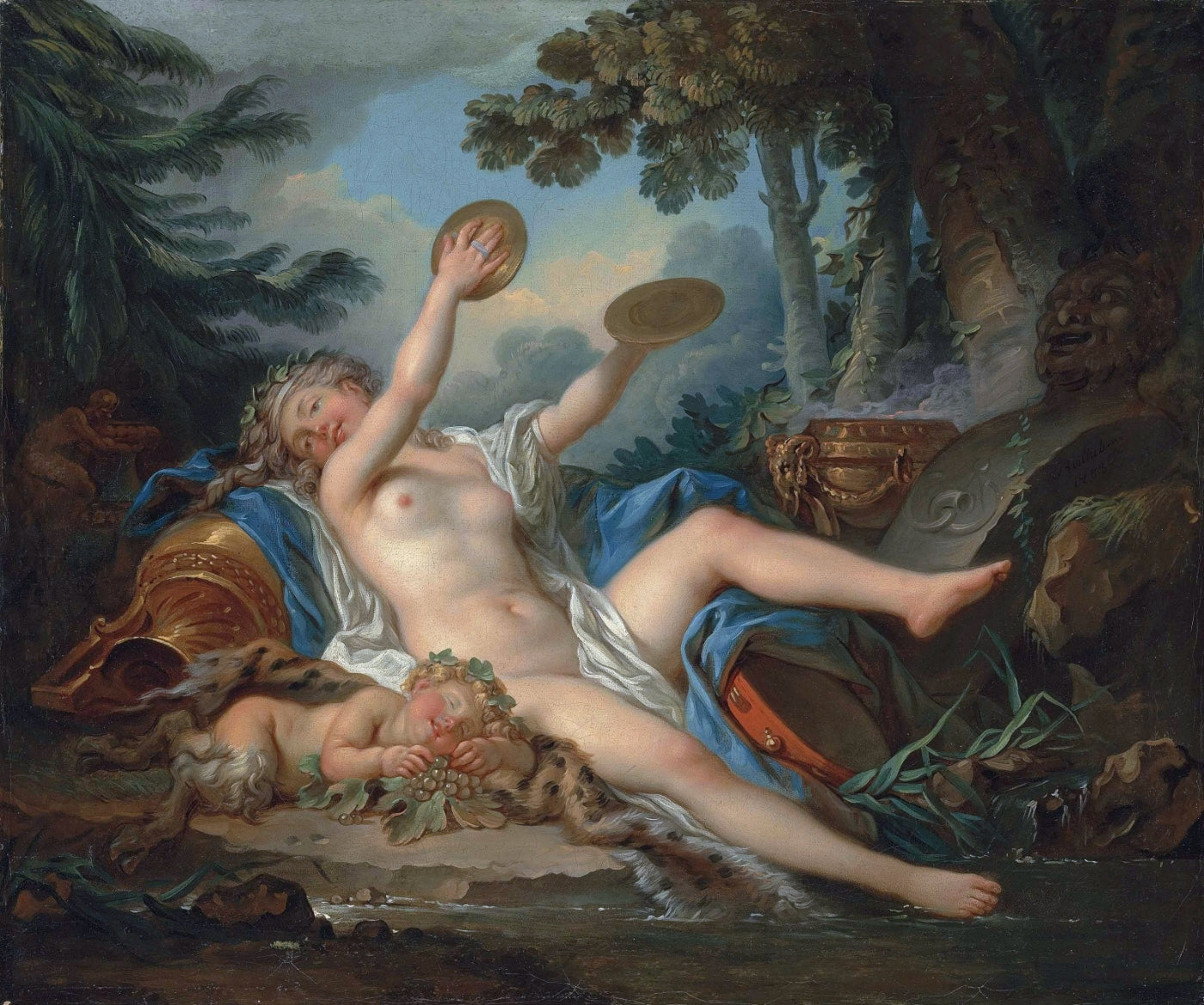 Reclining Bacchante Playing the Cymbals, vintage artwork by Jean-Simon Berthelemy, 12x8" (A4) Poster