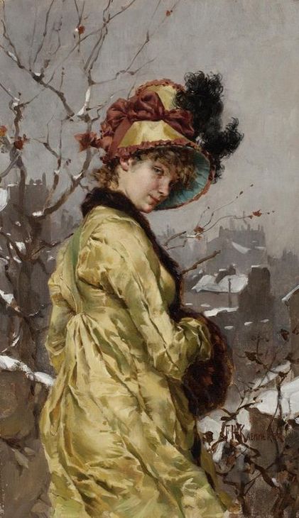 A Woman in Winter Dress, vintage artwork by Frederik Henrdik Kaemmerer, 12x8" (A4) Poster