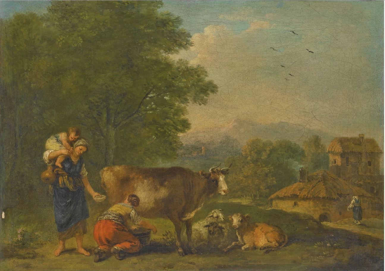 A Pastoral Landscape with a Milkmaid Milking a Cow, vintage artwork by Francesco Zuccarelli, 12x8" (A4) Poster