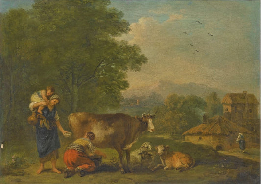 A Pastoral Landscape with a Milkmaid Milking a Cow, vintage artwork by Francesco Zuccarelli, 12x8" (A4) Poster