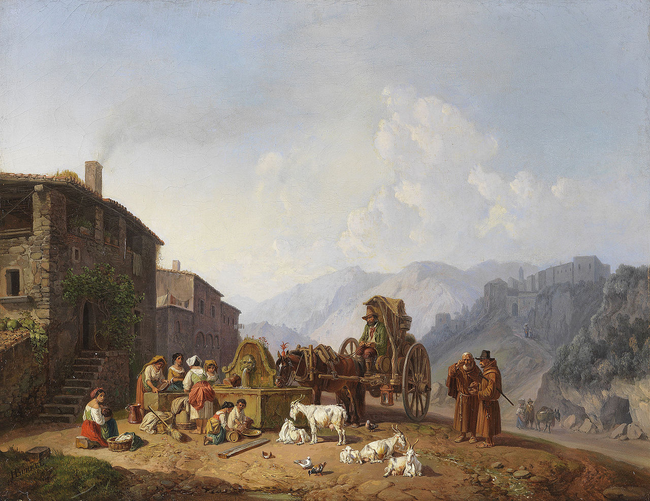 Village fountain in the Italian Mountains, vintage artwork by Heinrich Bürkel, A3 (16x12") Poster Print