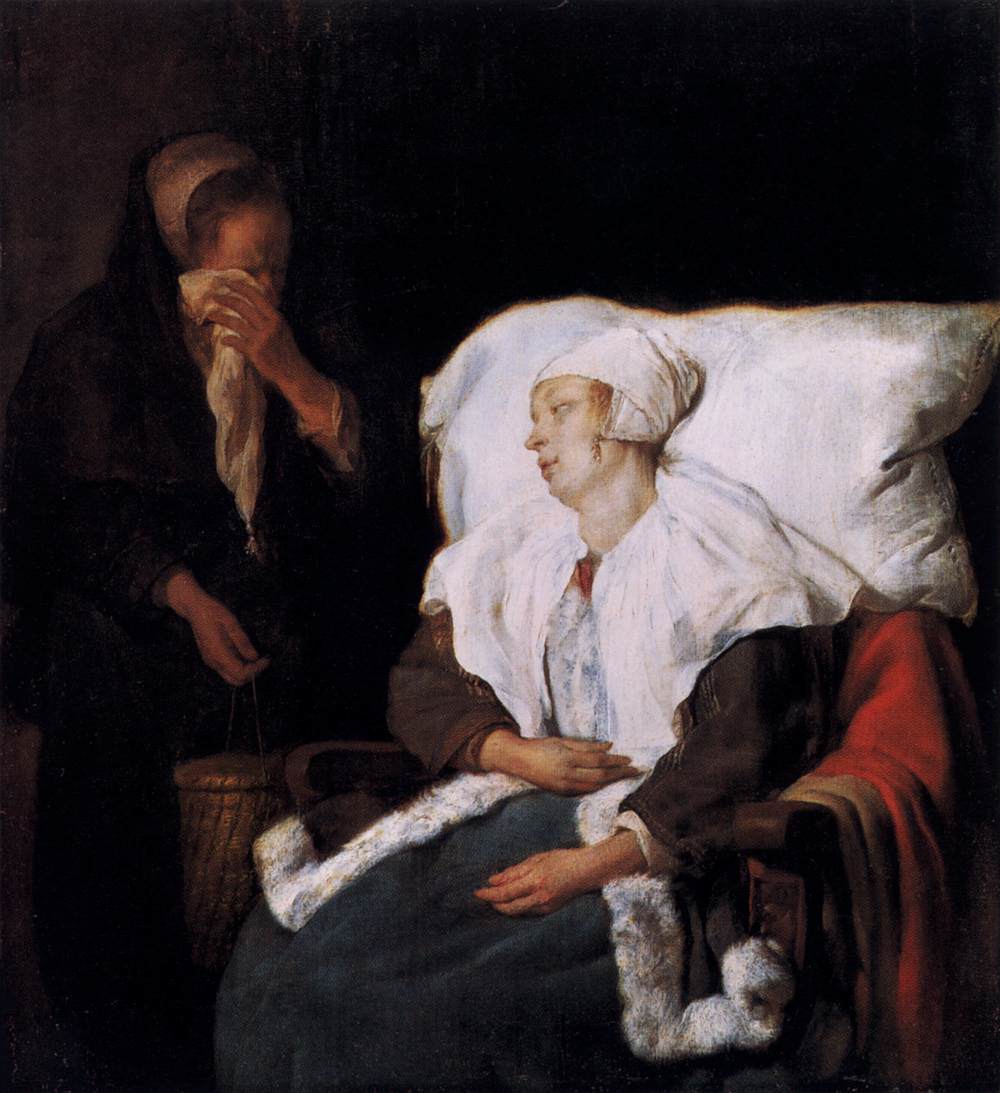 A Sick Woman and a Weeping Maidservant, vintage artwork by Gabriël Metsu, 12x8" (A4) Poster