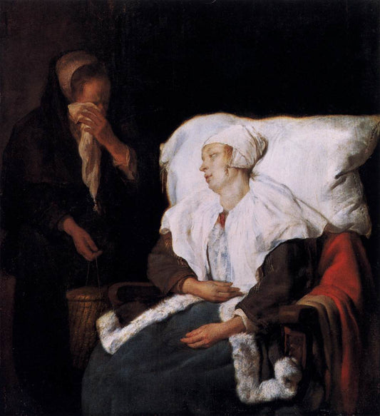 A Sick Woman and a Weeping Maidservant, vintage artwork by Gabriël Metsu, 12x8" (A4) Poster